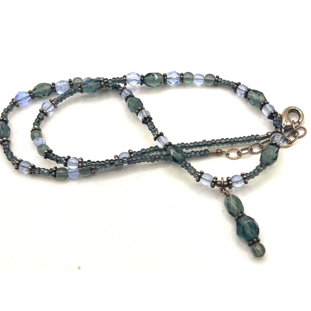 Green Glass Beaded Necklace Drop Pendant‎ Artisan Style Bead Necklace 17"